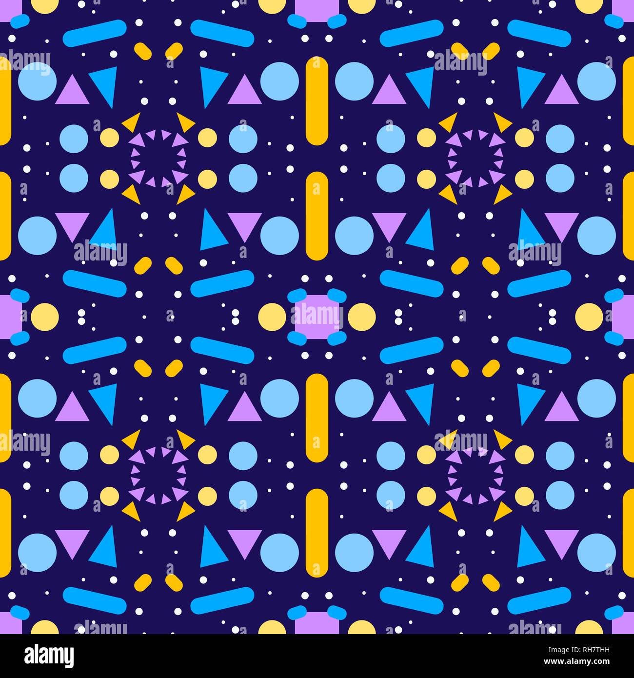 Contrast decorative abstract seamless ornament in Memphis style. Purple, blue, yellow forms, on blue background. Seamless vector for texture of fabric Stock Vector