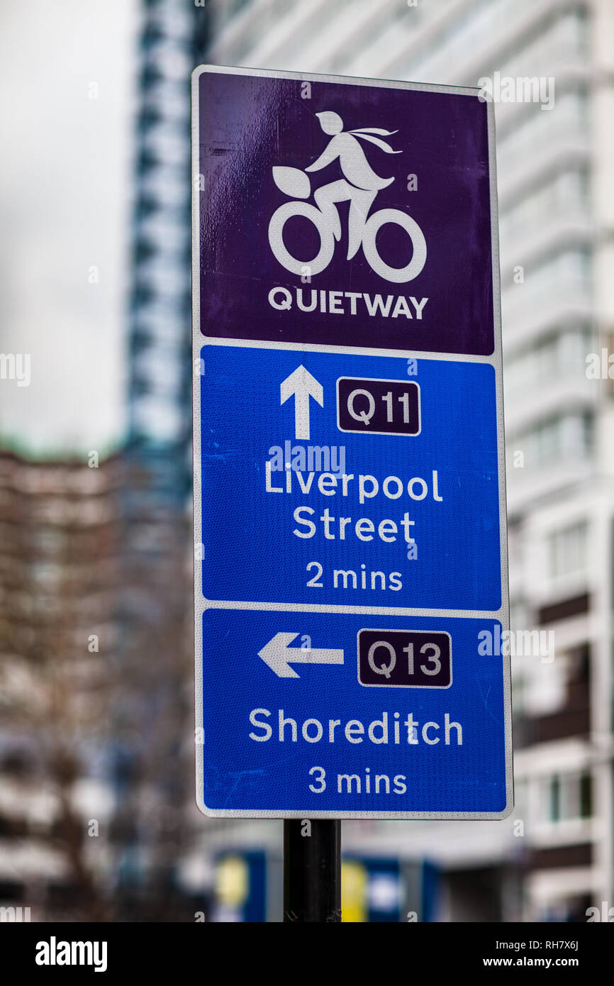 Sign for one of the London Quietways cycle routes - aiming to overcome barriers to cycling, for cyclists who want to use quieter, low-traffic routes Stock Photo