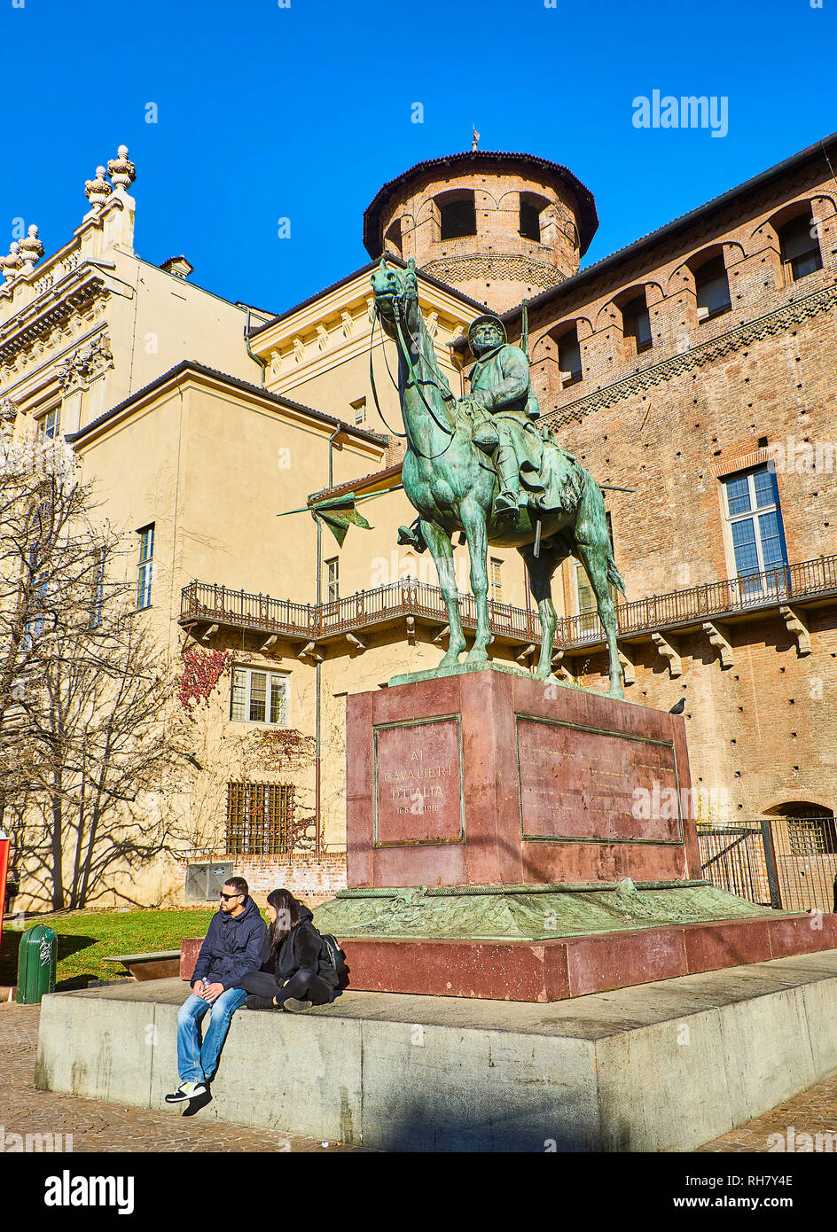 Monument to the Knights of Italy with the Castello degli Acaja Castle in the background. Piazza Castello square. Turin, Piedmont, Italy. Stock Photo