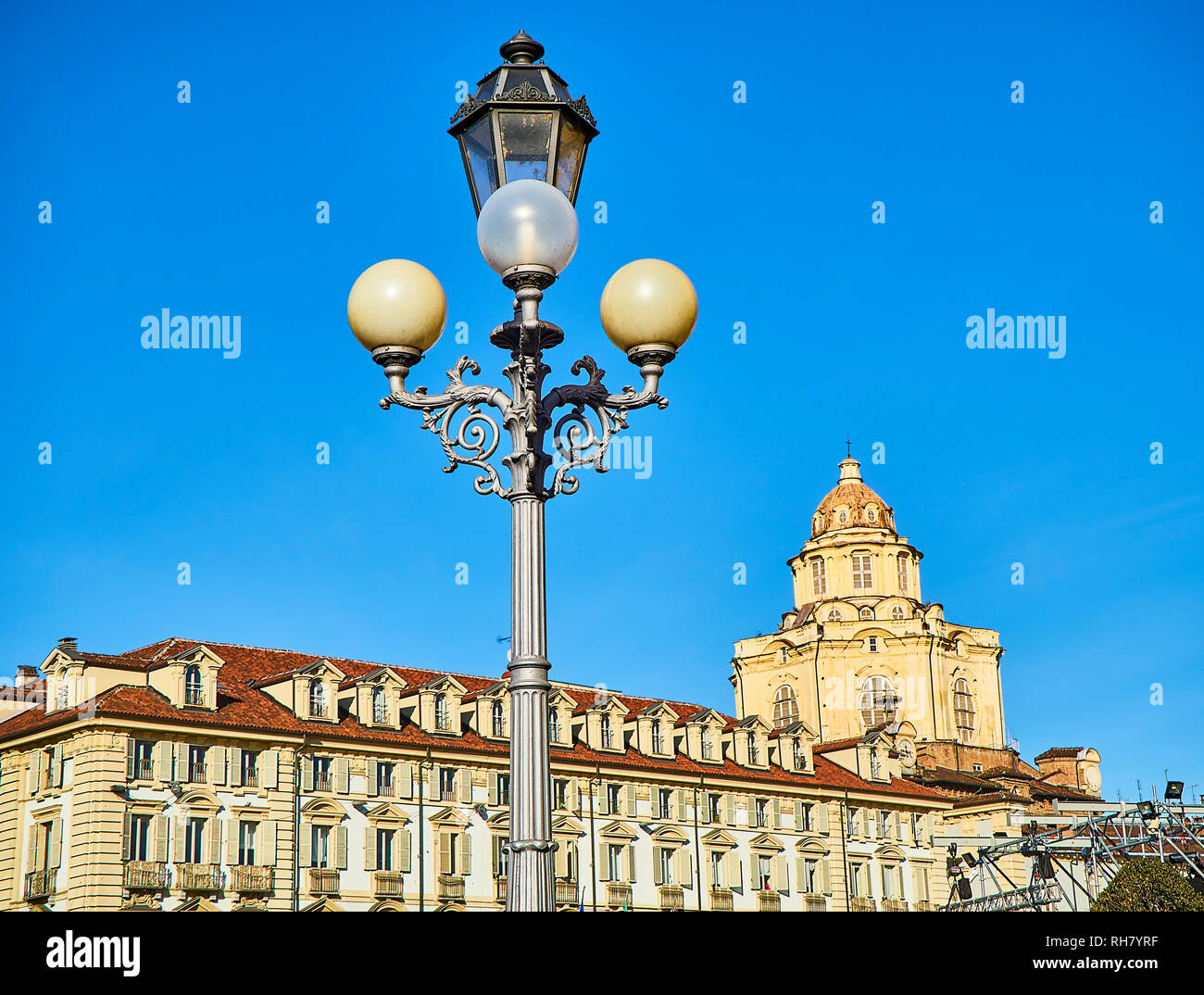 Dome of the Real Chiesa di San Lorenzo church. View from the Piazza Castello square. Turin, Piedmont, Italy. Stock Photo