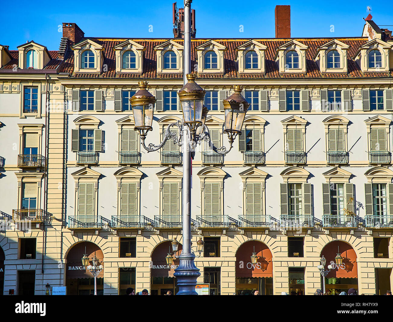 Turin, Italy - December 31, 2018. Neoclassical facade of a typical European building. Turin, Piedmont, Italy. Stock Photo