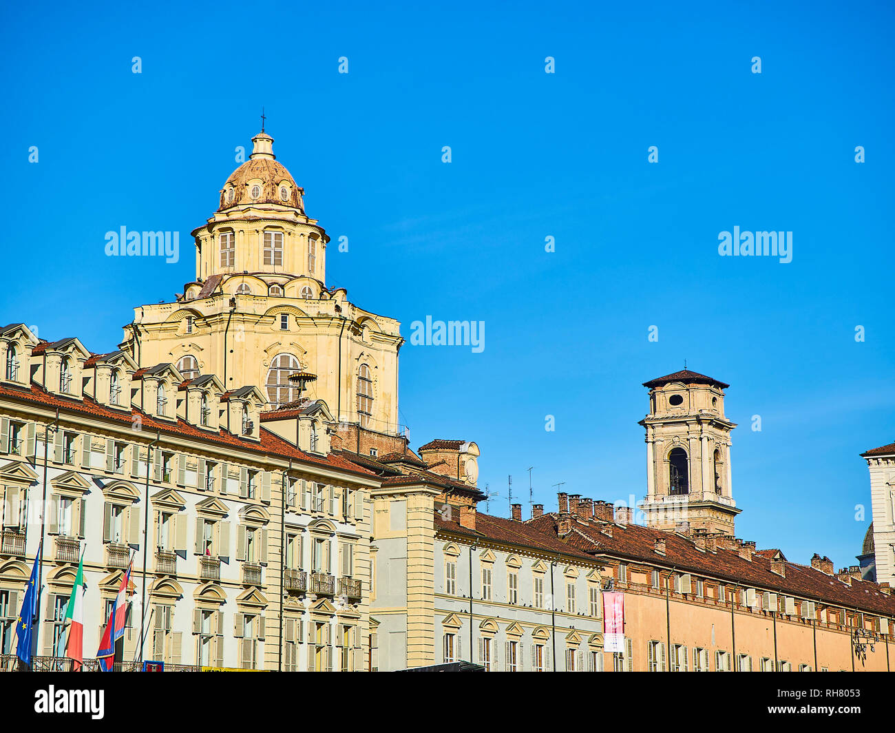 Dome of the Real Chiesa di San Lorenzo church and the Bell Tower of the San Giovanni Battista Cathedral in the background. View from the Piazza Castel Stock Photo