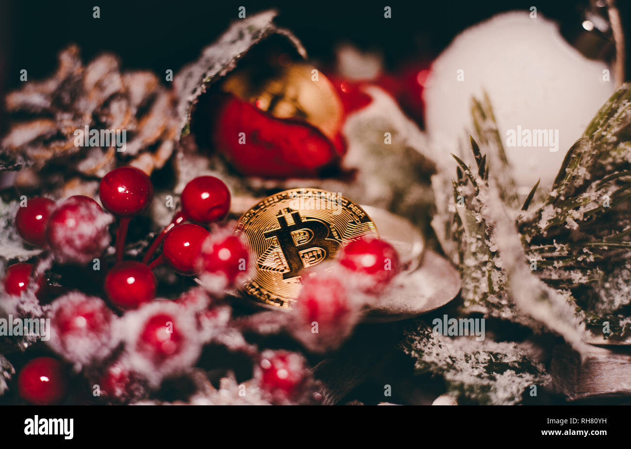 Digital currency witch christmas decoration on christmas background. Crypto  currency christmas snow composition. Two shining golden bitcoins Stock  Photo - Alamy