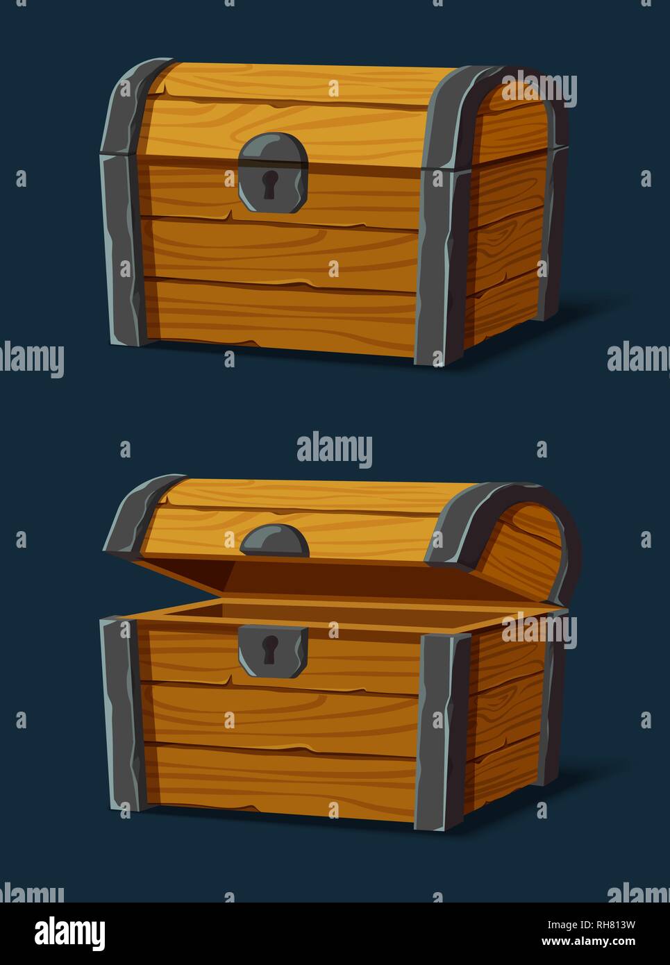 Set of isolated wooden chest or trunk,pirate crate Stock Vector