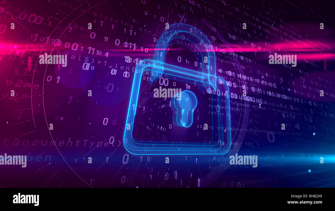 Cyber security abstract concept. 3D contour of padlock icon on digital background. Computer safety symbol 3D Illustration. Stock Photo