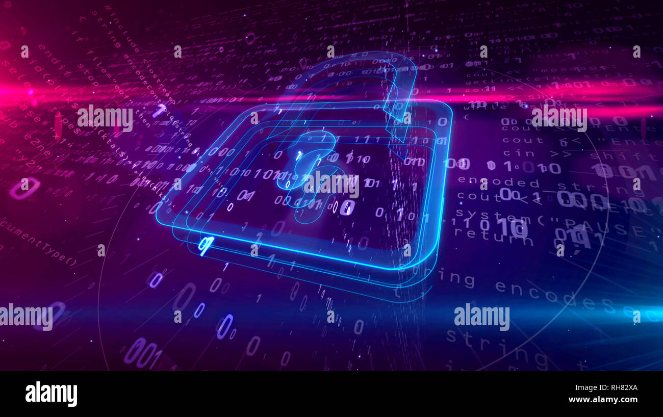 Cyber security abstract concept. 3D contour of padlock icon on digital ...
