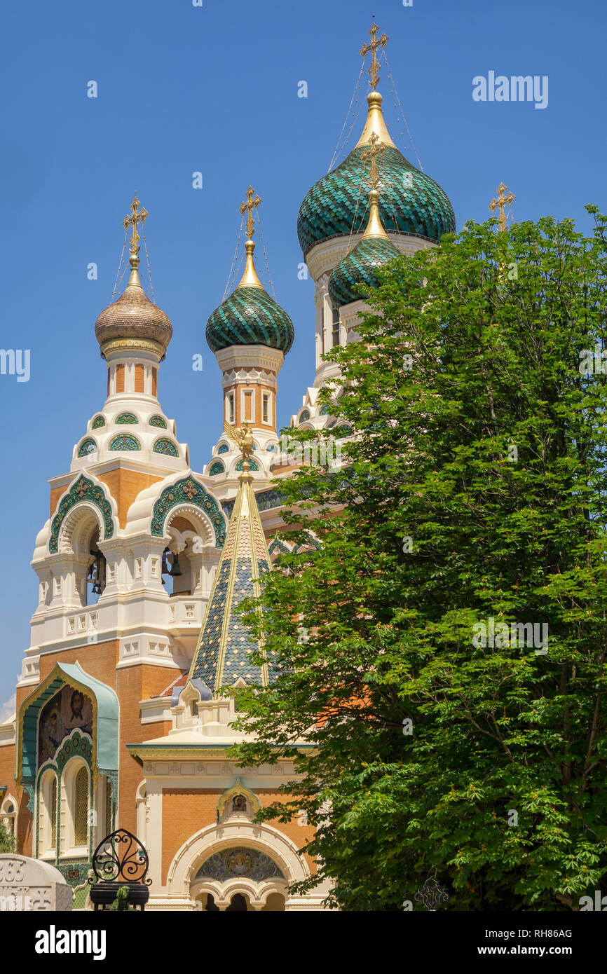 NICE, FRANCE - MAY 29, 2018:  Exterior view of the domes of St Nicholas Russian Orthodox Cathedral Stock Photo