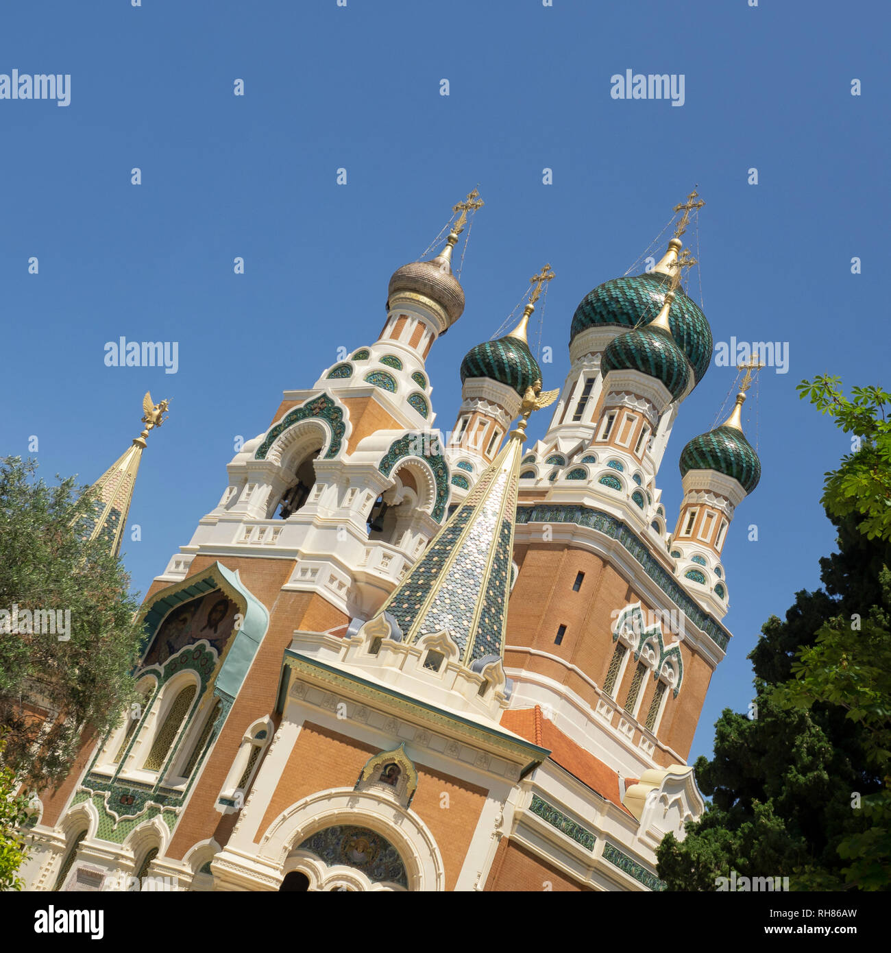 NICE, FRANCE - MAY 29, 2018:  Exterior view of St Nicholas Russian Orthodox Cathedral Stock Photo