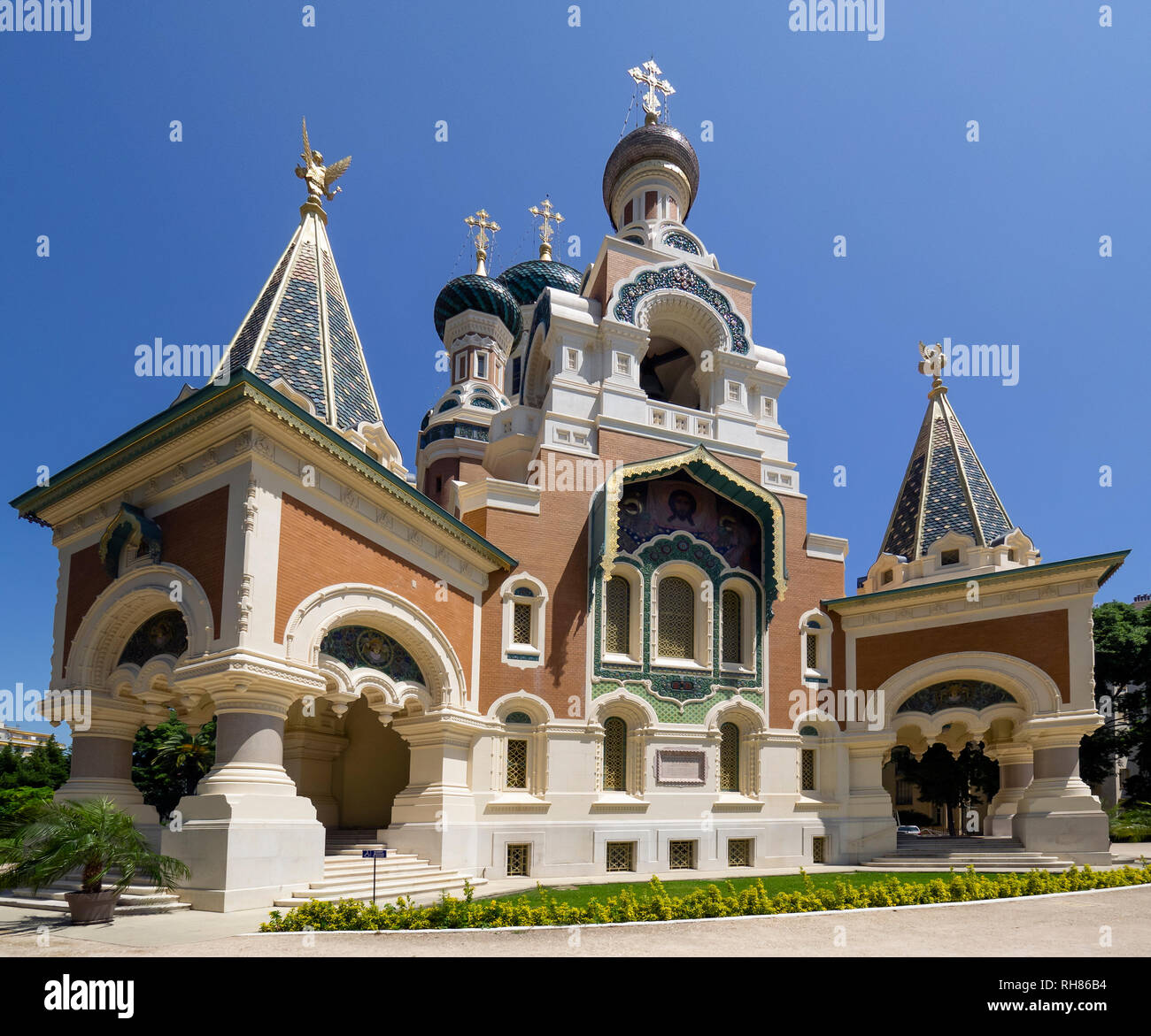 NICE, FRANCE - MAY 29, 2018:  Exterior view of St Nicholas Russian Orthodox Cathedral Stock Photo