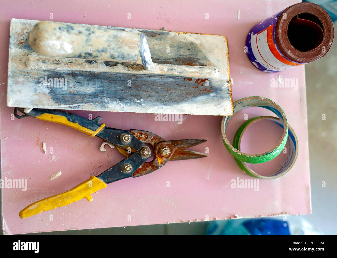 Reinforcing net and instruments over plasterboard surface Stock Photo ...