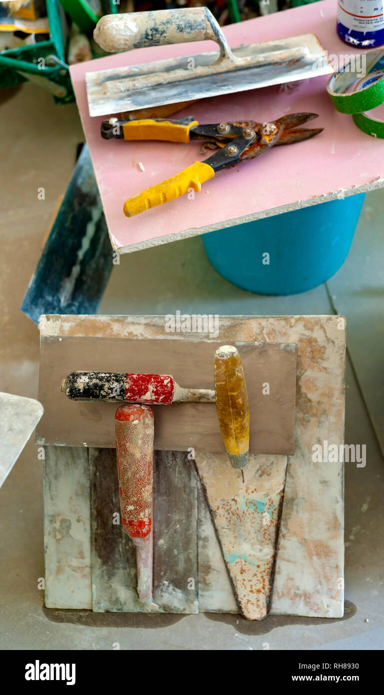 Reinforcing net and instruments over plasterboard surface Stock Photo ...