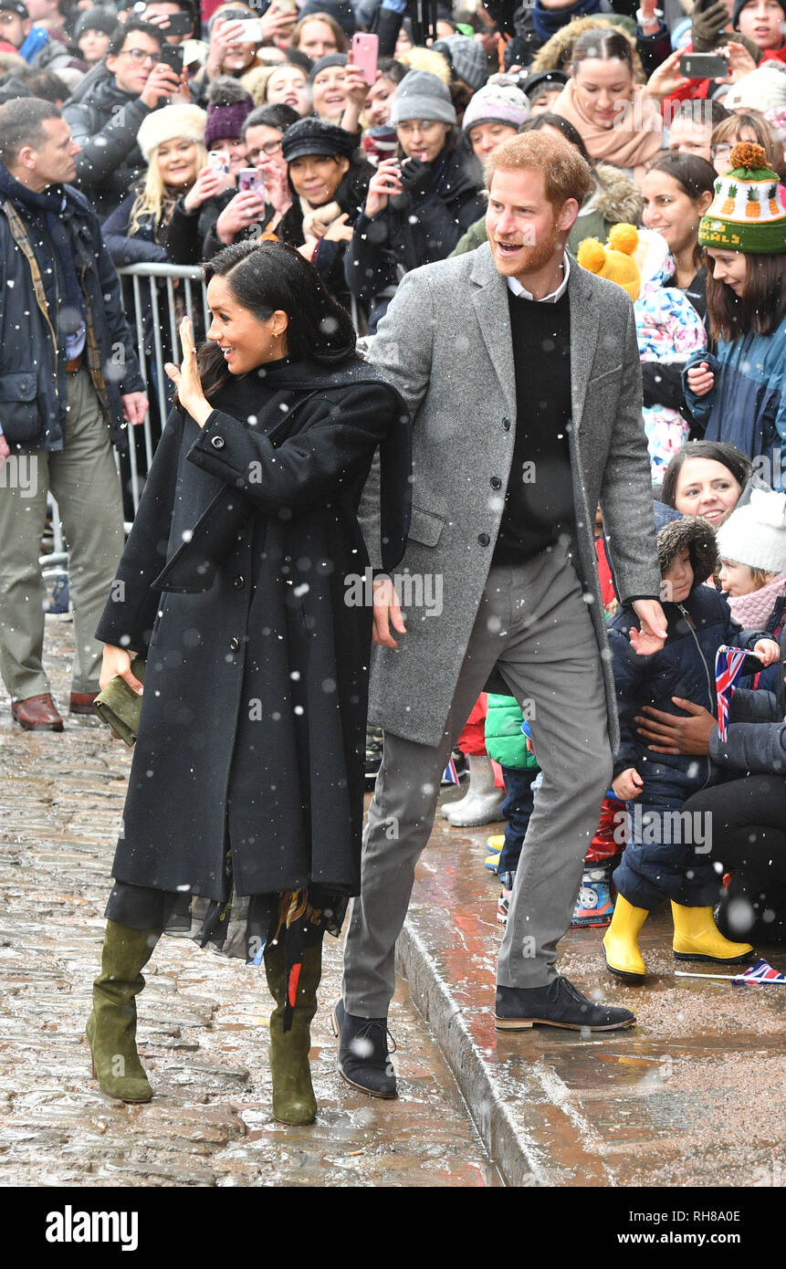 The Duke and Duchess of Sussex arrive for a visit to the Bristol Old Vic theatre, which is undergoing a multimillion-pound restoration. Stock Photo