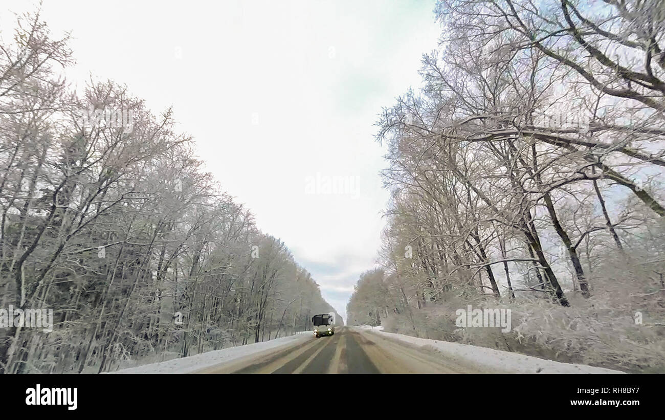 Country road in winter along the forest with white snow trees Stock ...