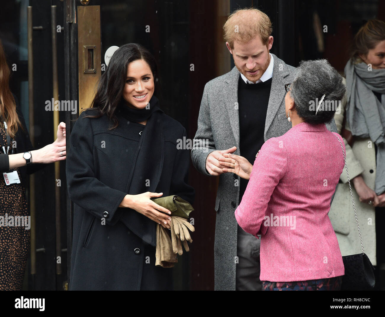 The Duke and Duchess of Sussex leave after a visit to the Bristol Old Vic theatre, which is undergoing a multimillion-pound restoration. Stock Photo
