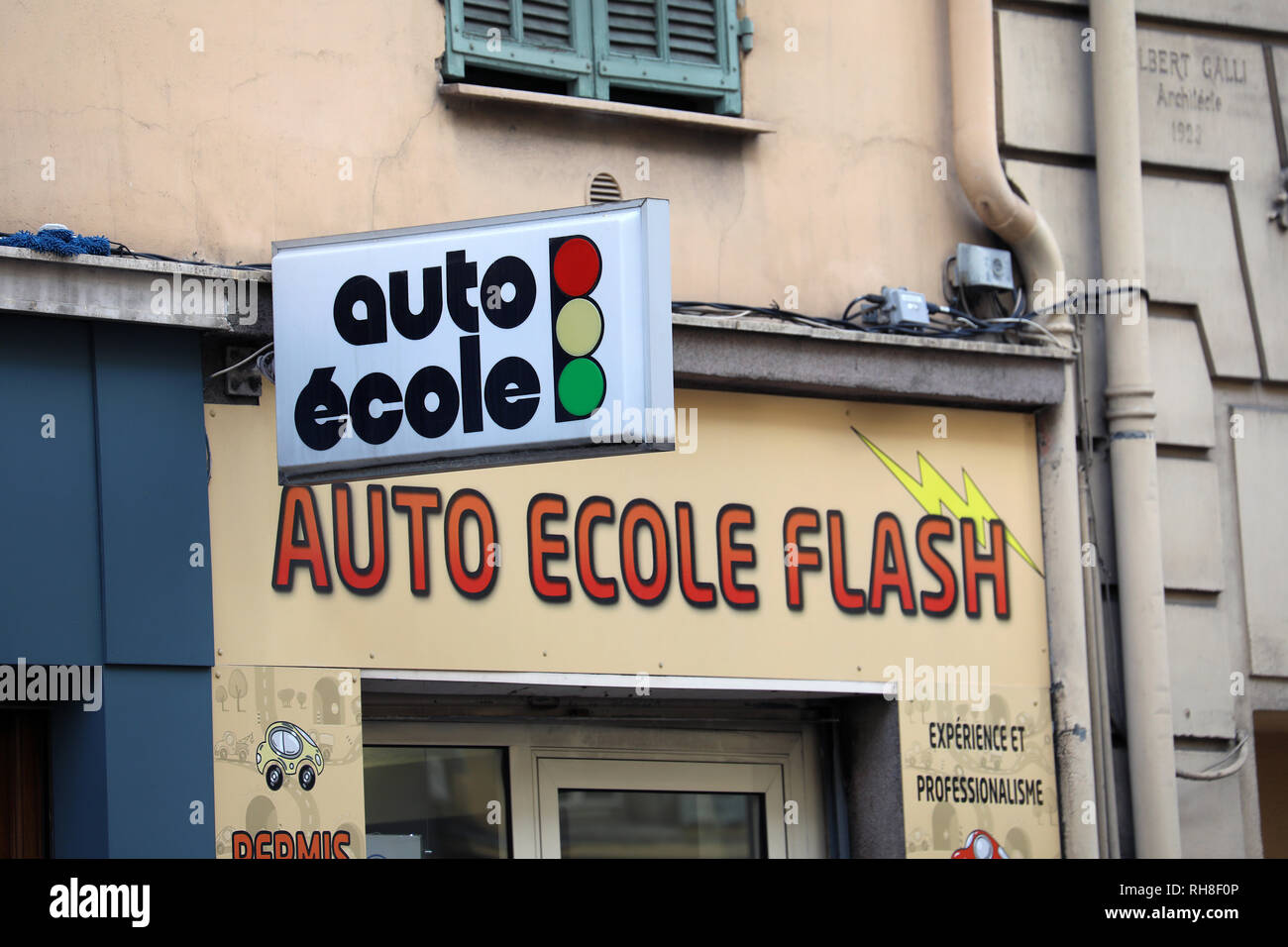 French Auto Ecole, Driving School Sign In French Language In Nice City, France, Europe Stock Photo