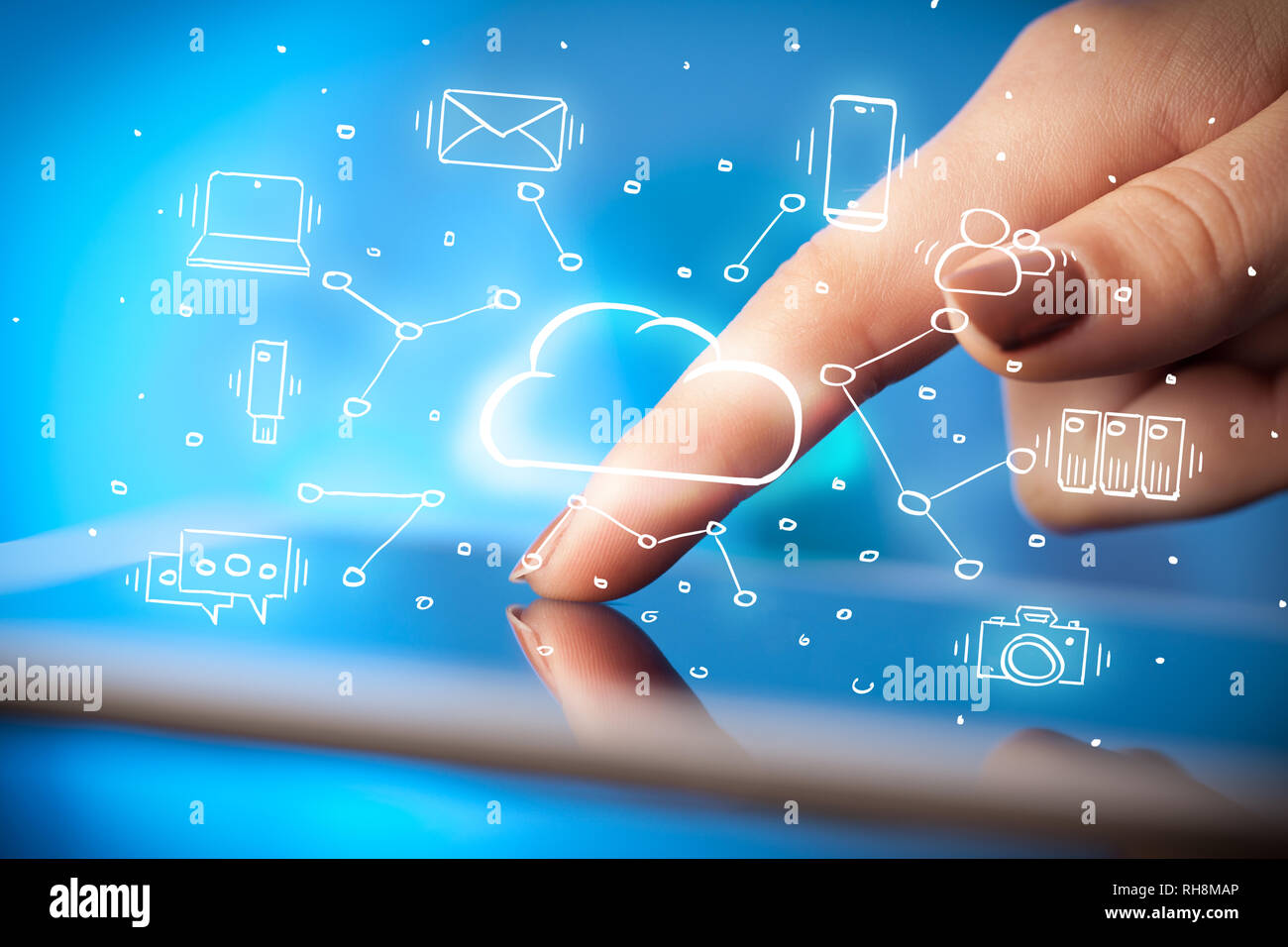 Hand working with cloud technology system and office symbol concept ...