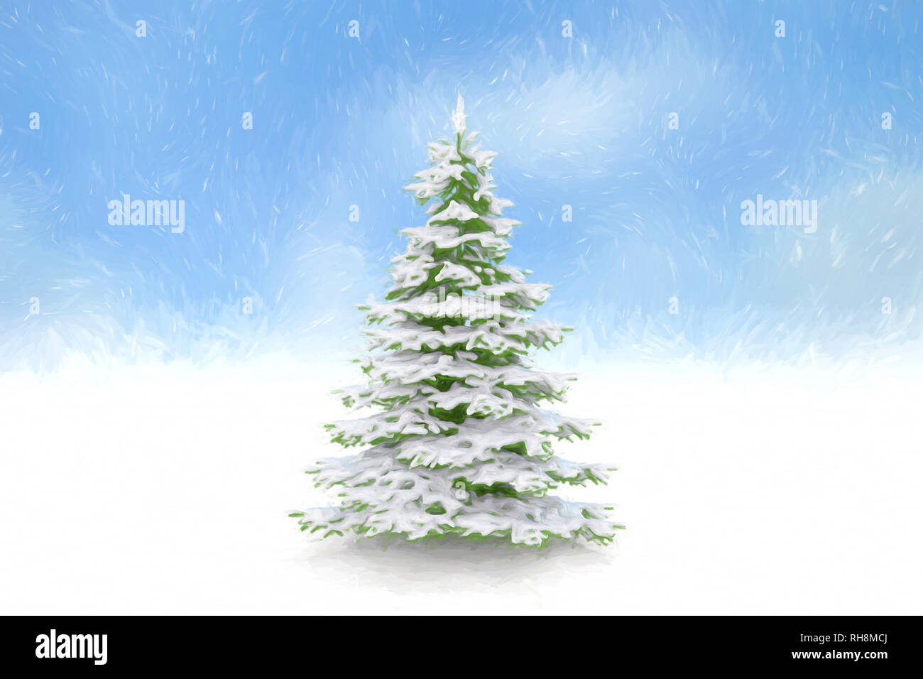 Christmas tree and falling snow blue sky background Stock Photo - Alamy