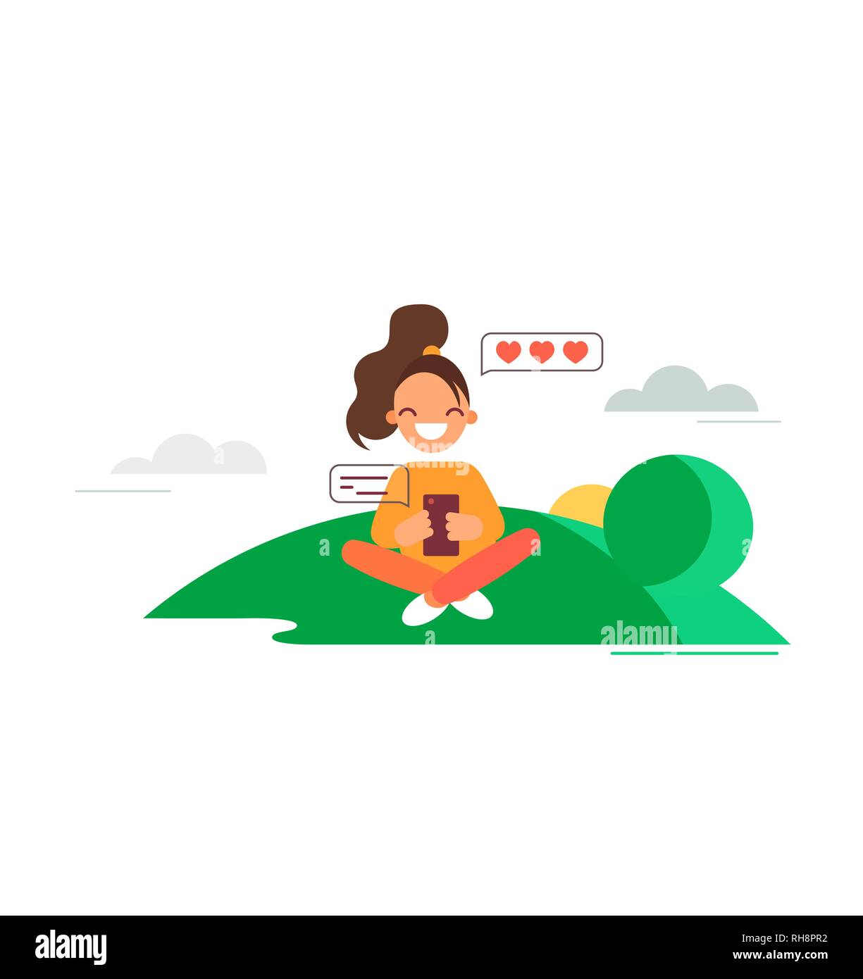 Girl loves chatting. Flat style vector illustration. Young woman seats on lawn and chats with someone she loves. Stock Vector