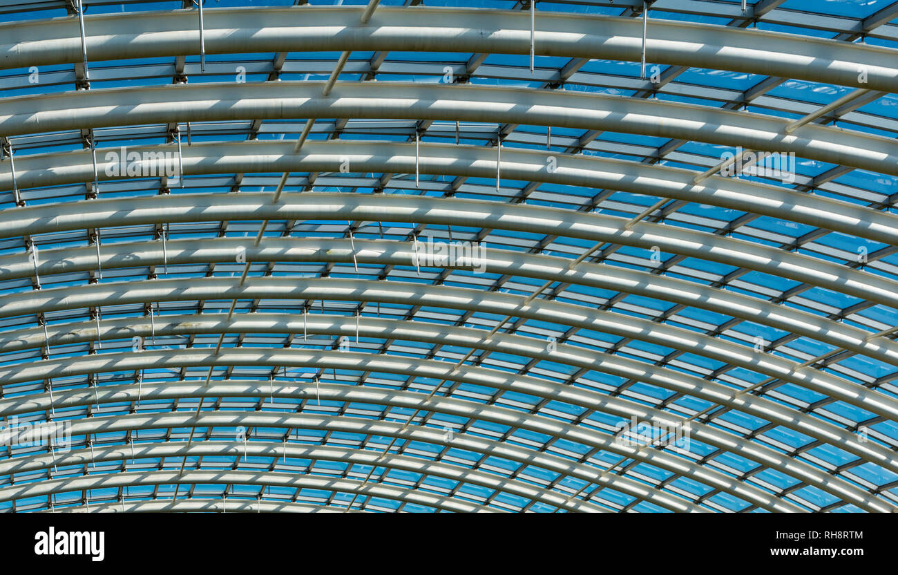 Great Glasshouse, largest single-span glasshouse in the world. Roof Structure shot with a sense of depth and perspective. Stock Photo