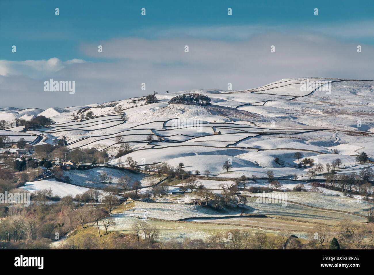 North Pennines AONB landscape, Kirkcarrion from Whistle Crag, Teesdale in winter Stock Photo