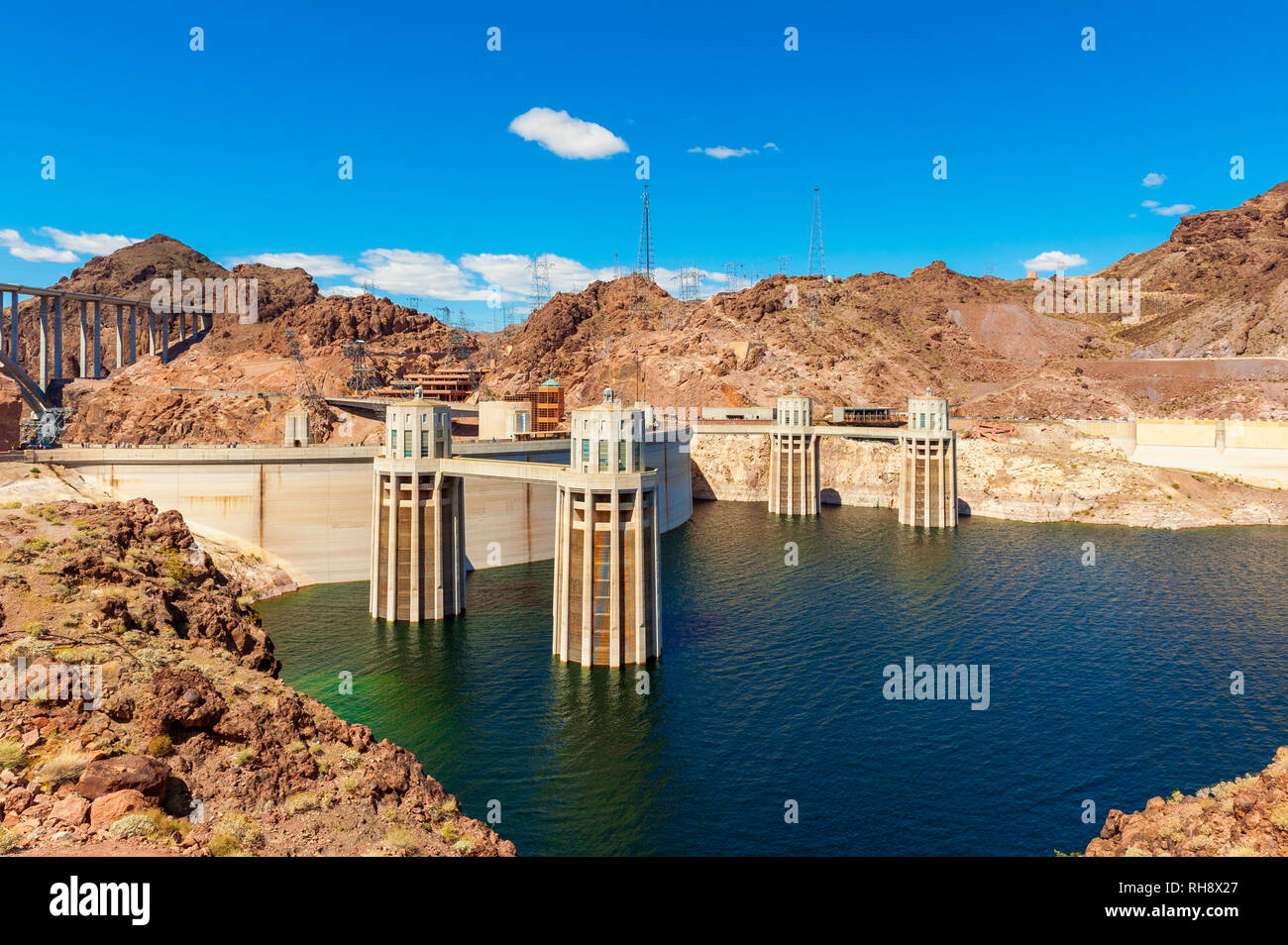 Hoover Dam on the border of U.S. states Nevada and Arizona. It was constructed between 1931 and 1936. Stock Photo