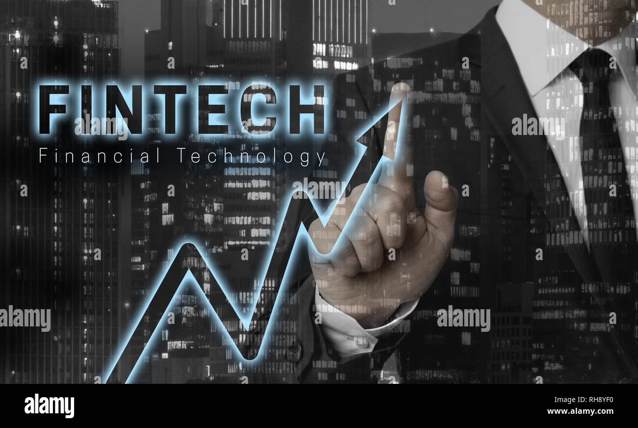 Fintech concept is shown by businessman. Stock Photo