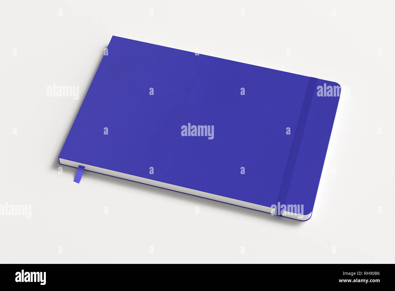 Blue horizontal notebook with elastic band on white background Stock Photo