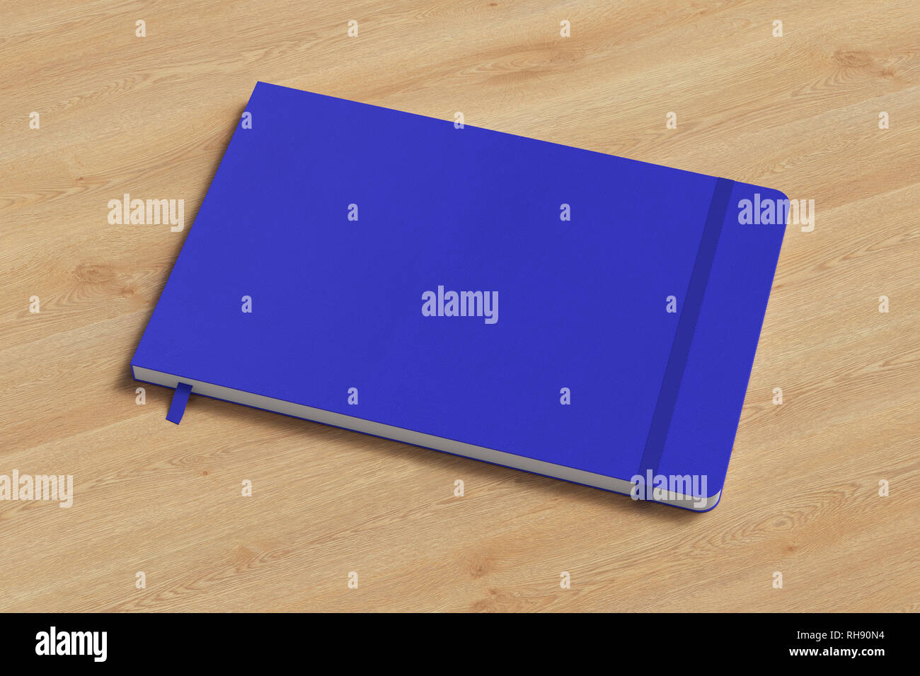 Blue horizontal notebook with elastic band on wooden background Stock Photo