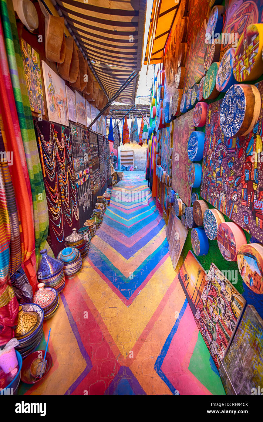 Colorful painted street in the medina of the old city of Fes. The ancient city and the oldest capital and one of the four Imperial cities of Morocco. Stock Photo