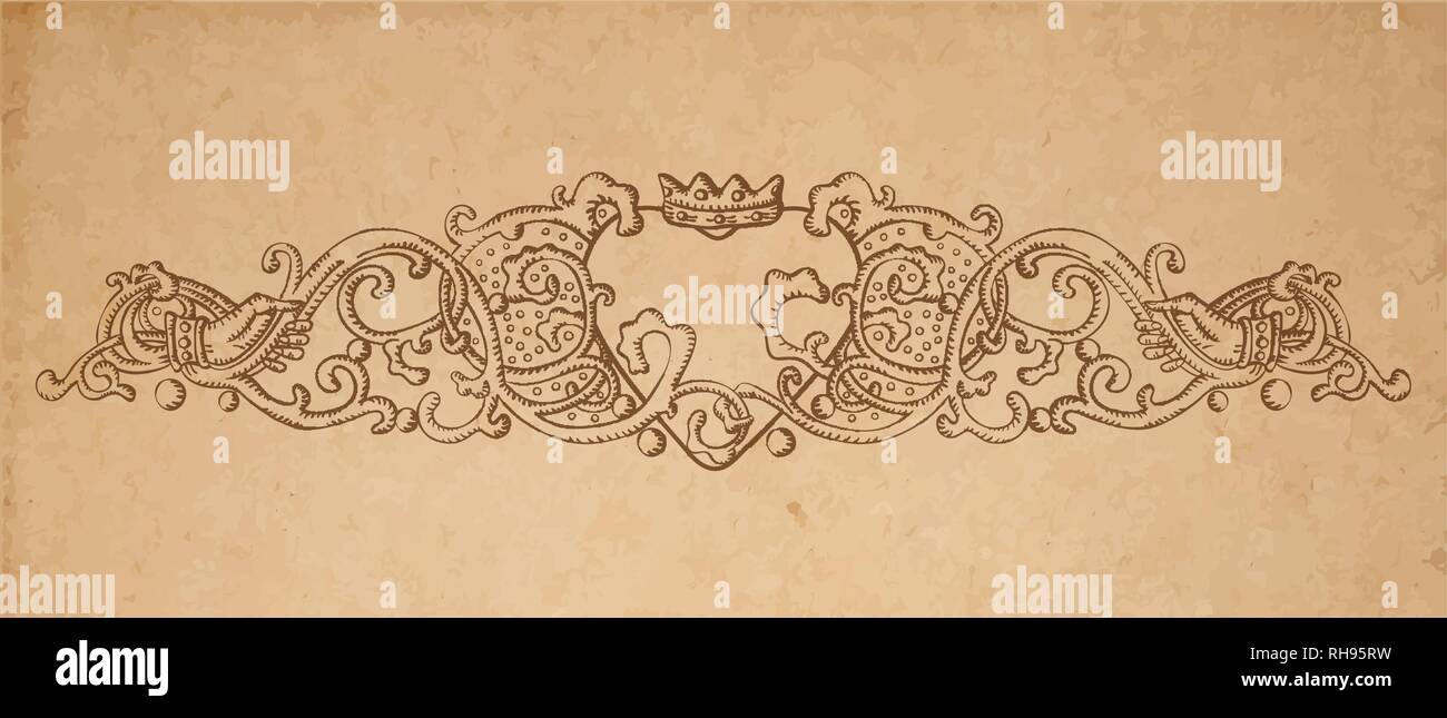Vintage Old Paper Texture With Vector Vignette With Medieval Ornament Hand Drawn Floral Decoration With Crowned Heart Holded By Hands Stock Vector Image Art Alamy