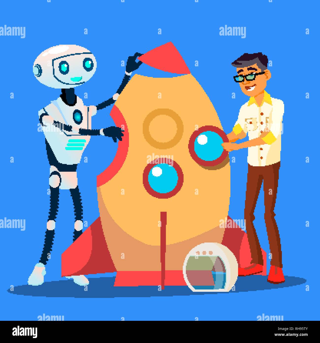 Man And Robot Are Building A Rocket Together Vector. Isolated ...