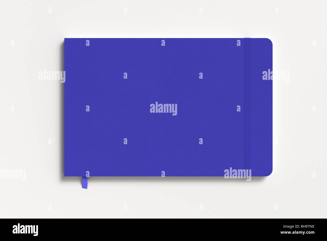Blue horizontal notebook with elastic band on white background Stock Photo