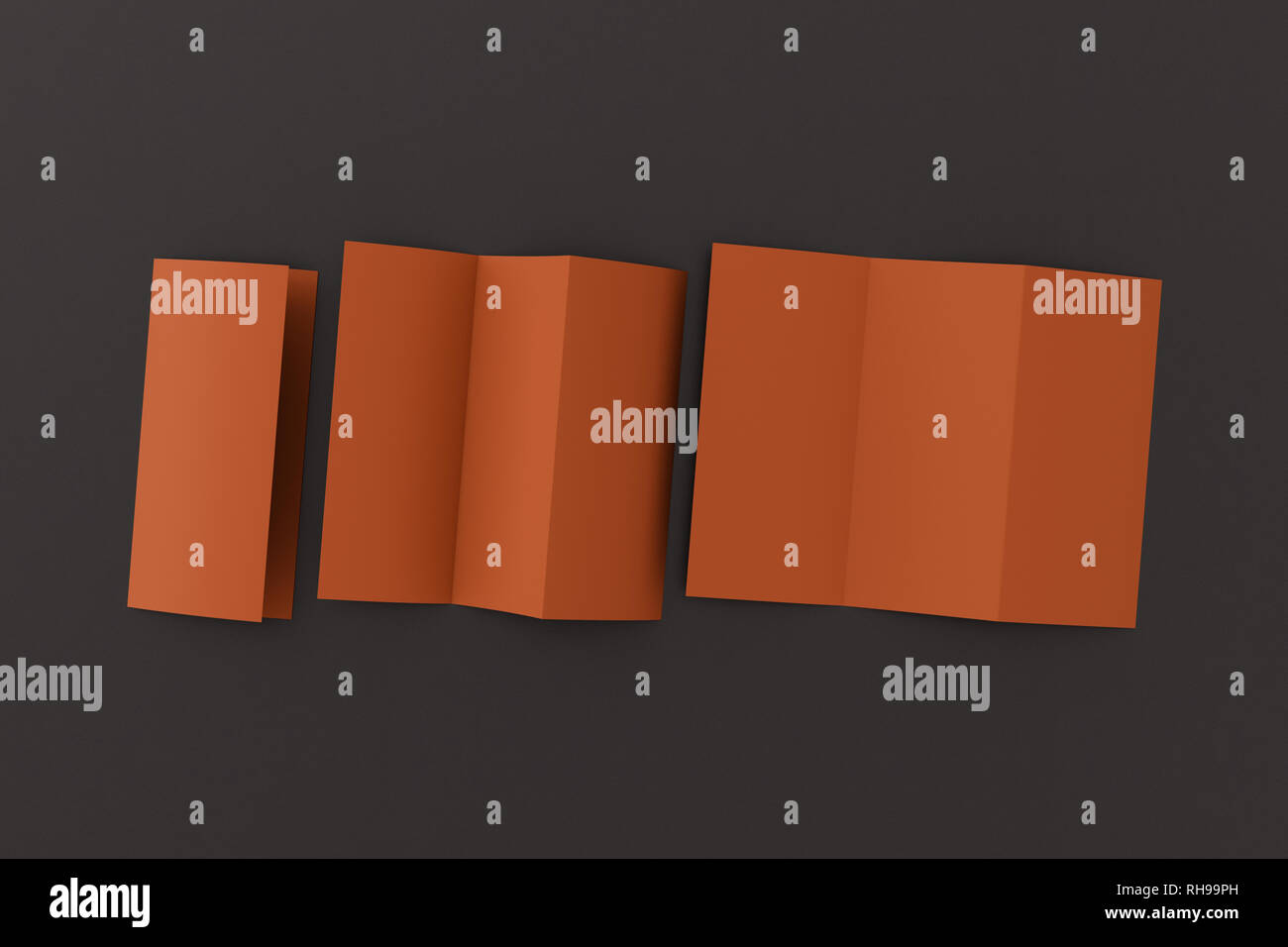 Blank brown trifold paper leaflet on black background. Six pages, three ...
