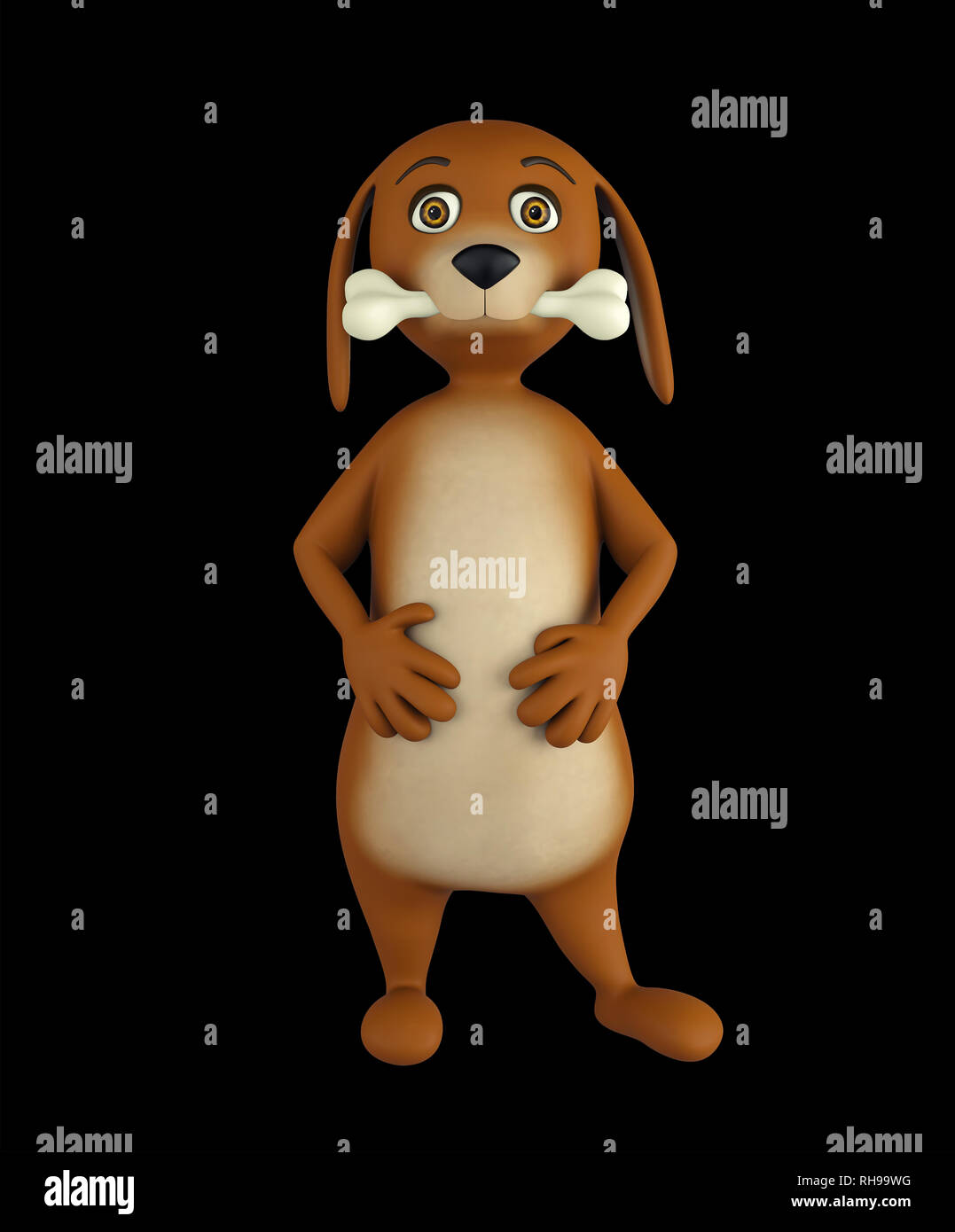Cartoon cute dog with a white bone isolated on black background. 3d render Stock Photo