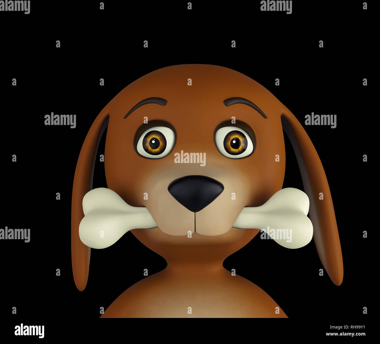 Cartoon cute dog eat a white bone isolated on black background. 3d render Stock Photo