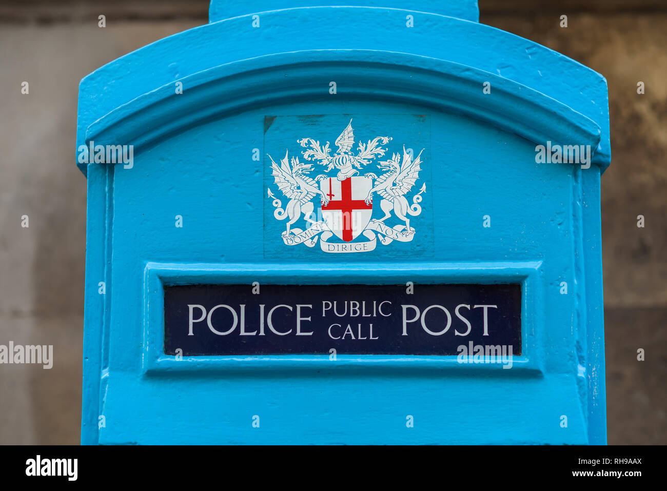 Old blue Police public call post, Guildhall, City of London. Stock Photo