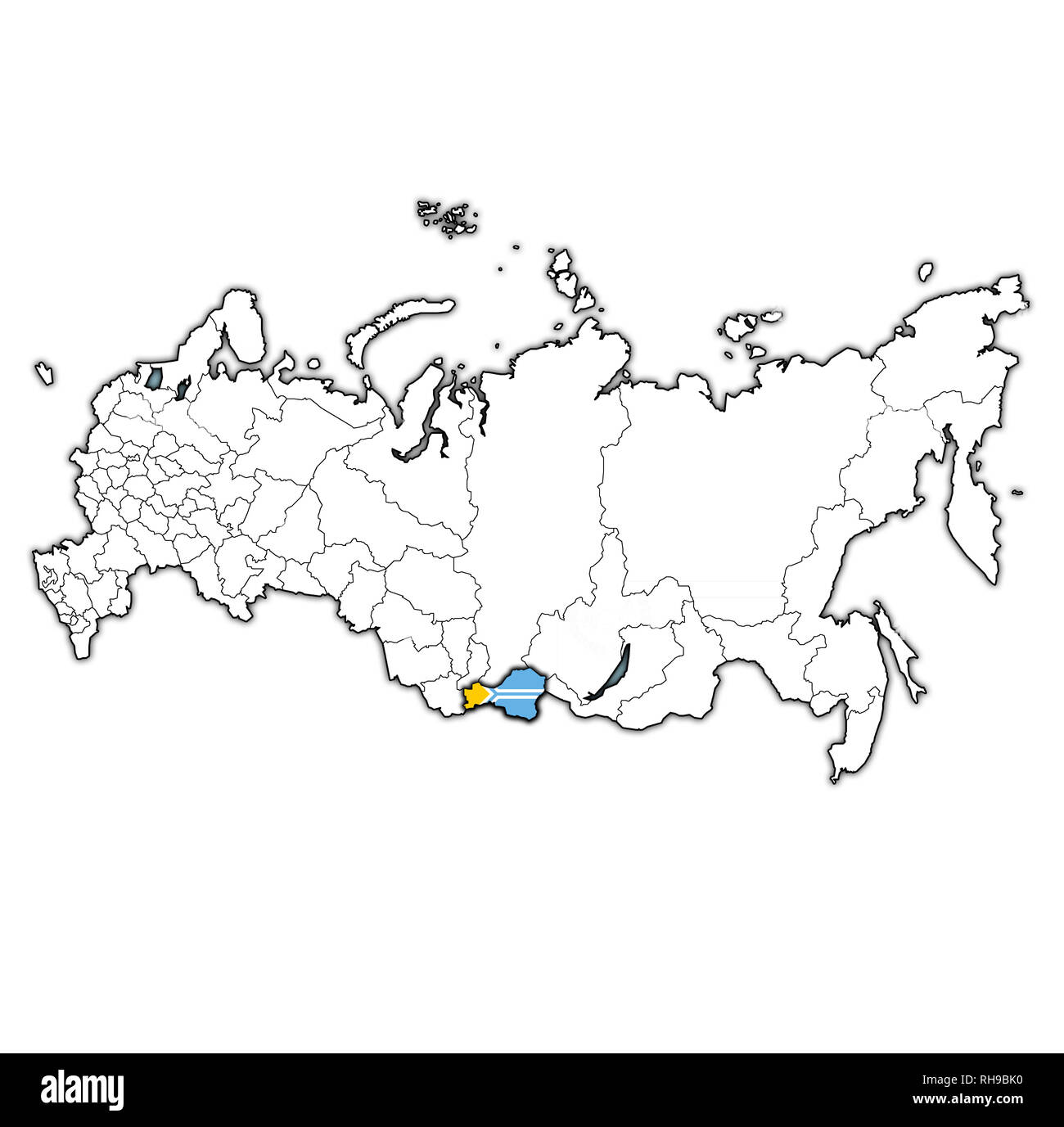 emblem of Tuva Oblast on map with administrative divisions and borders of russia Stock Photo