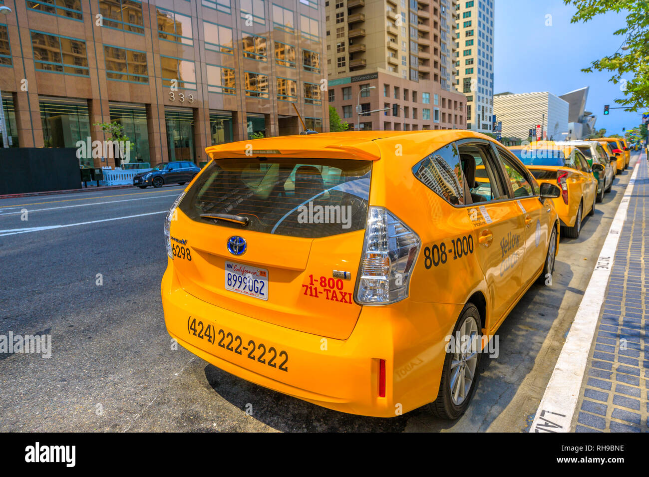 Los Angeles, California, United States - August 9, 2018: Taxi drivers wait in downtown on Grand Avenue, next to MOCA, Museum of Contemporary Art Stock Photo