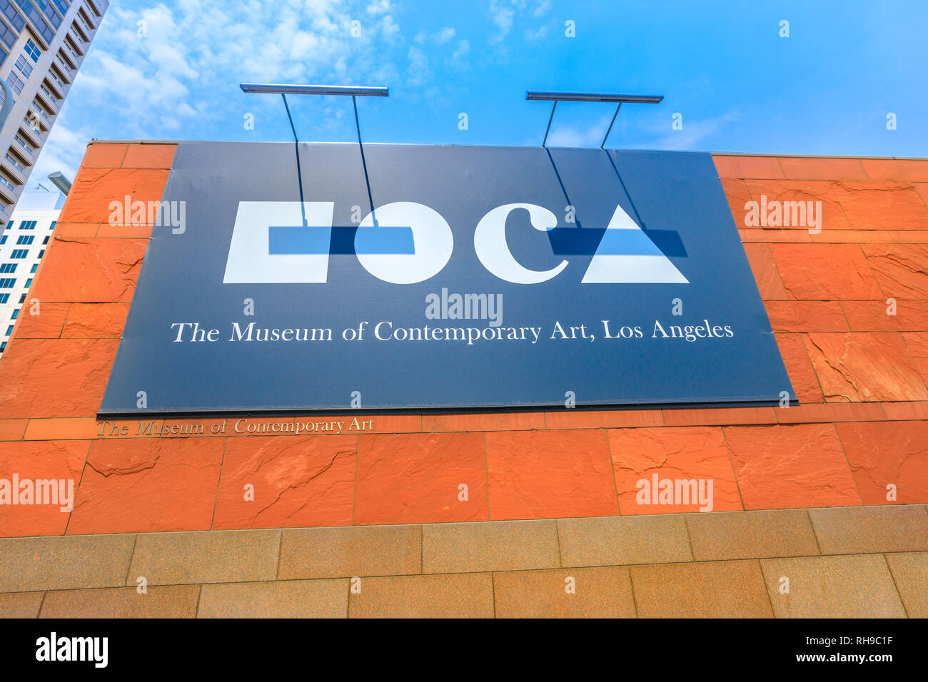 Los Angeles, California, United States - August 9, 2018: Moca signboard, Museum of Contemporary Art on Grand Avenue in downtown Los Angeles. Stock Photo