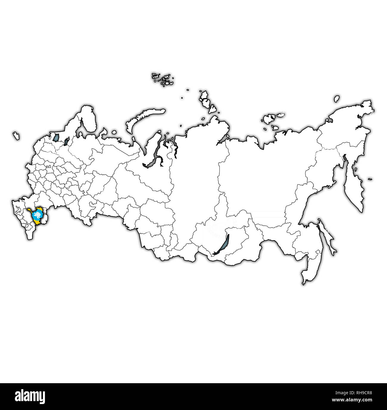 emblem of Kalmykia on map with administrative divisions and borders of russia Stock Photo