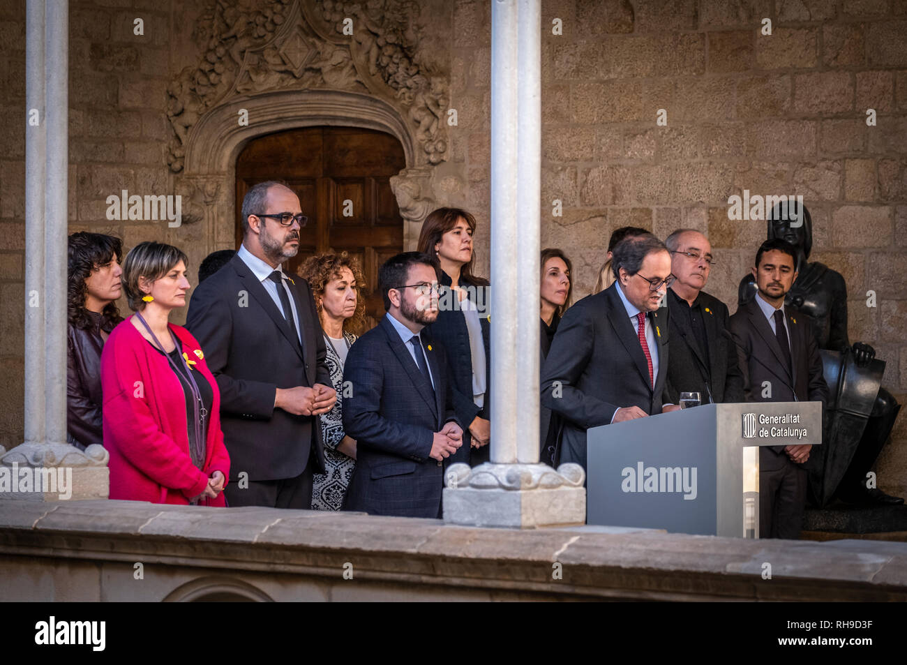 President Quim Torra is seen during the institutional declaration of the transfer of political prisoners to Madrid to be tried. President Quim Torra during the declaration has asked the international community and all entities of civil and human rights to add to the sentiment of the people of Catalonia in defense of the principles and values of a fairer, safer and freer future world. Stock Photo