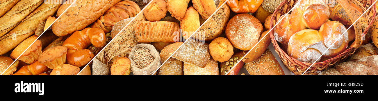 Panoramic set of fresh bread products. Wide format. Stock Photo