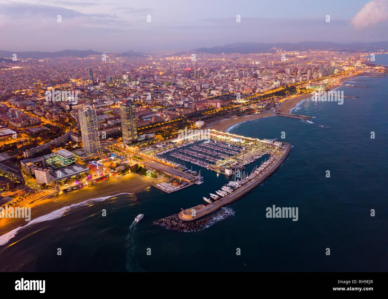 Aerial view from drones of coast in Barcelona and center with building ...