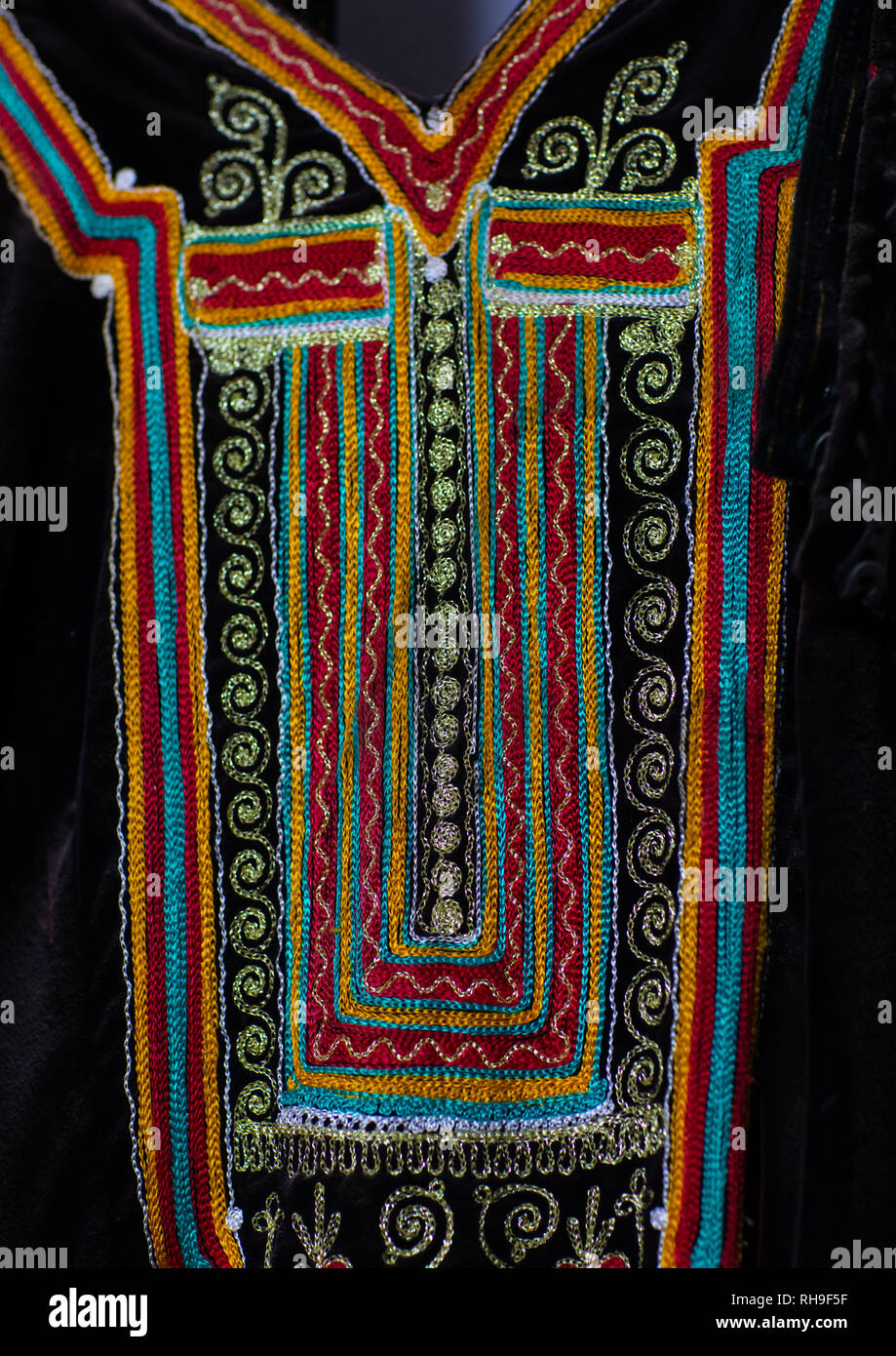 Traditional embroideries on a woman dress, Asir province, Abha, Saudi Arabia Stock Photo