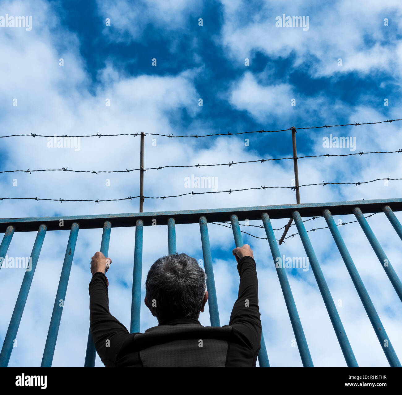 Rear view of man looking through steel barred  fence topped with barbed fence. Brexit, immigration, asylum... concept Stock Photo