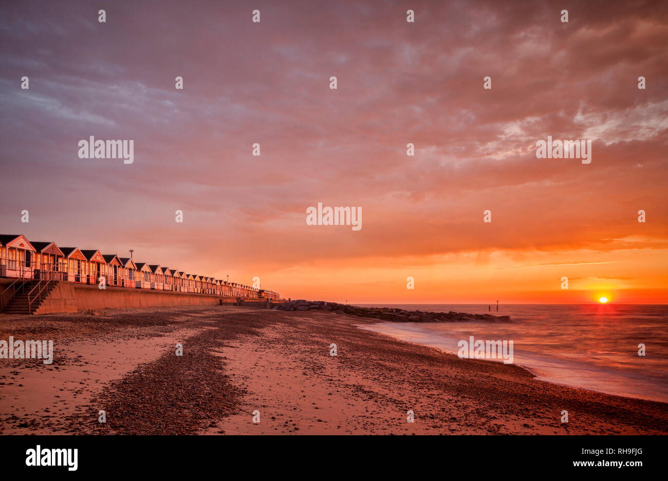 Beach huts at Southwold, Suffolk, England, at sunrise. Stock Photo