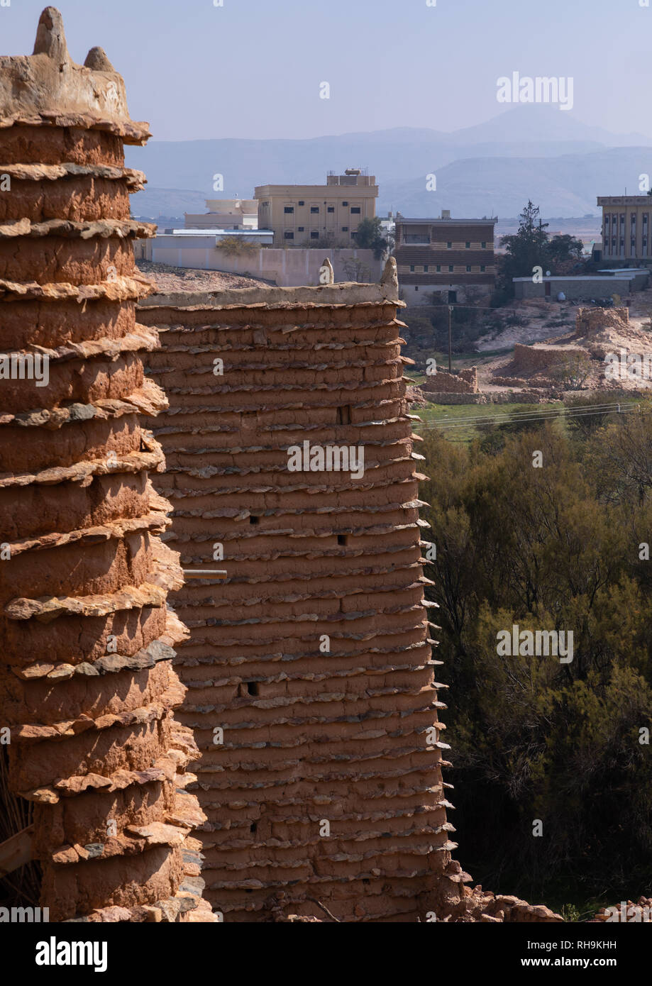 Aerial view of stone and mud watchtower with slates in a village, Asir province, Sarat Abidah, Saudi Arabia Stock Photo