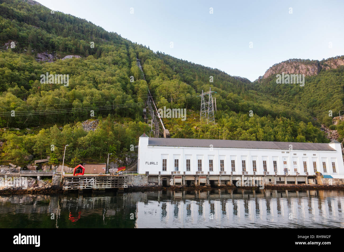 Decommissioned Florli hydroelectric power station at Lysefjord (Lysefjorden) fjord featuring the worlds longest wooden stairway with 4444 steps. Forsa Stock Photo