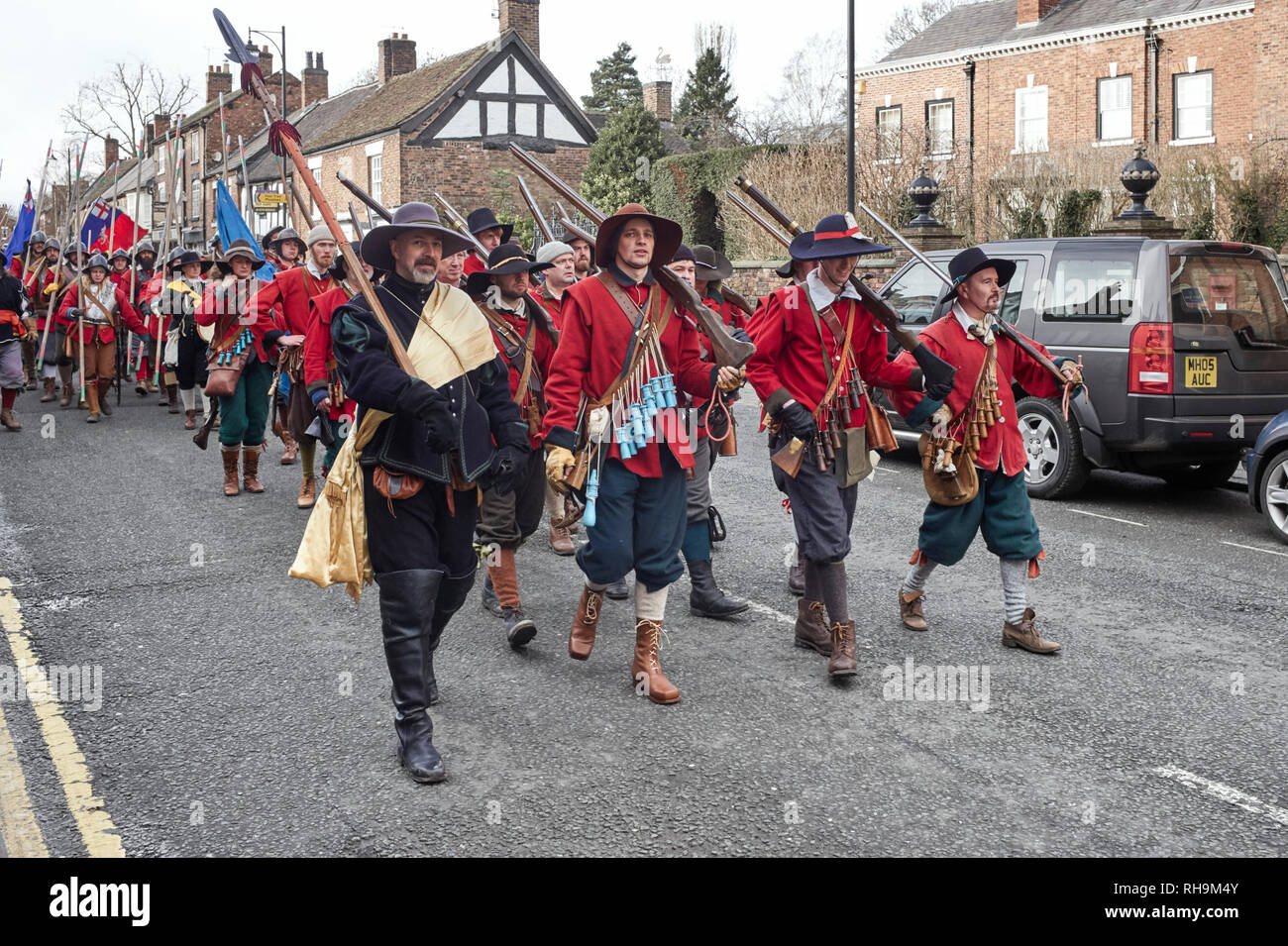 Members of the Sealed Knot march down Welsh Row at the 2019 re-enactment of the battle of Nantwich Stock Photo