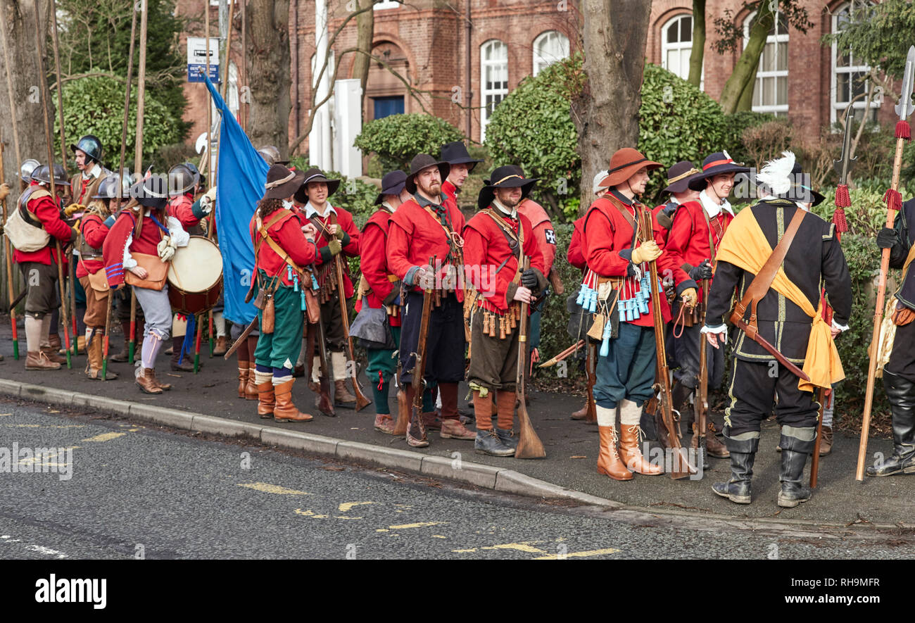 Members of the Sealed Knot preparing to march down Welsh Row in Nantwich at the start of the 2019 Battle of Nantwich re-enactment Stock Photo